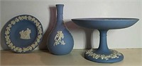 Wedgwood Blue Jasperware Plate, Vase, Cake Stand