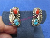 vintage turquoise & coral silver clip earrings
