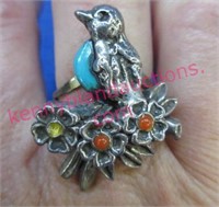 vint. turquoise & coral silver bird ring -sz 8.25