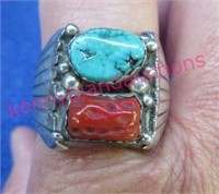 vintage turquoise & coral silver ring - size 11.25