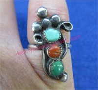vintage turquoise & coral silver ring - size 4.75