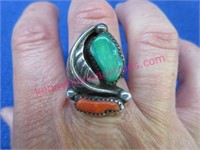 vintage turquoise & coral silver ring - size 8