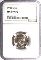 1943-S JEFFERSON NICKEL, NGC MS-67 FULL STEPS RARE