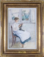 William J Forsyth 13x9 WC "Sewing by the Window"