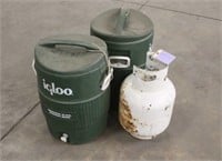 (2) 10-Gallon Igloo Water Coolers & 20 LB Propane
