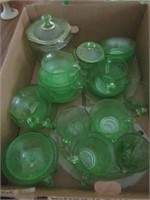 several pieces of green depression glass