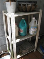 Wooden shelf and contents