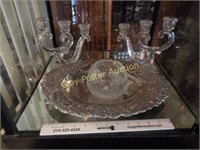 Crystal Bowl, Candle Holders & Pewter Tray