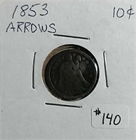 1853 w/ arrows  Seated Dime  VG