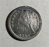 1843  Seated Dime  XF  Toned  scratches