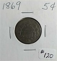 1869  Shield Nickel  G Details  Cleaned