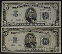 2  1934-D  $5 Silver Certificates  VG & F+