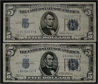 2  1934-C  $5 Silver Certificates  VF