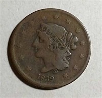 1839  Coronet Large Cent  VG