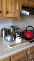 4 tea pots, SS coffee pot, coffee server