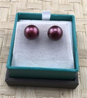 Pair of Sterling and Cranberry Pearl Earrings