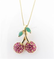 14K Yellow Gold Emerald and Ruby Cherry Pendant