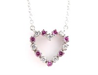 18K WG Open Heart Pendant, Pink Sapphire, Diamond