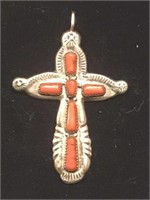 W. ITULE SIGNED STERLING CROSS WITH CORAL
