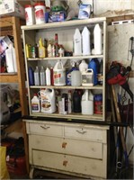 Contents of white cupboard and shelves