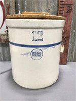 12 gallon Blue Band Stoneware crock w/ wood lid