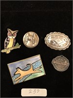 Lot 5 Pin Broach Jewelry Enamel Owl Dog