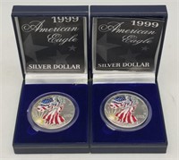 Pair Of Painted Silver American Eagle Dollars 1999
