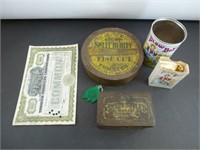 Old Tobacco Tins, Stock Certificate, Plowboy,