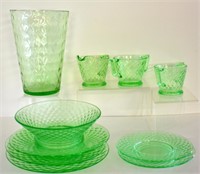 GREEN DEPRESSION ERA "DIAMOND QUILTED" GLASSWARE