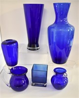 ASSORTED BLUE COBALT GLASS VASES