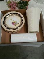 Box of porcelain painted plates and vases Lennox