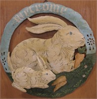 Vintage Pierced Metal Welcome Rabbits Plaque