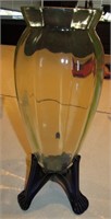 10.25" Vaseline Glass Vase w/ Cobalt Glass Base
