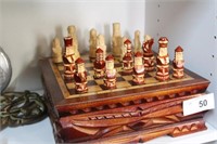 CARVED WOODEN CHESS SET - MISSING PIECES