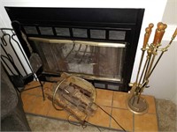 Fireplace tools, wood, and andirons