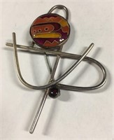 Sterling Silver And Art Glass Broche