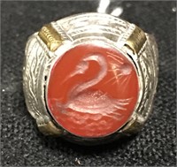 Sterling Silver Ring With Incised Swan Scene Stone