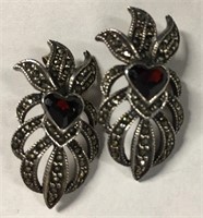 Pair Of Sterling, Black Onyx & Marcasite Earrings