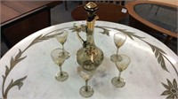 VINTAGE SMOKED GLASS AND GOLD 6 PC DECANTER SET