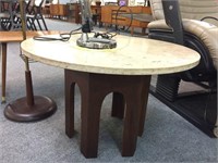 MID CENTURY ROUND OCCASIONAL TABLE WITH TRAVERTINE