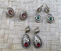 3 Pairs of Gold Tone Jeweled Pierced Earrings