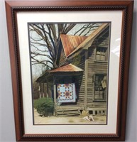 BOB TIMBERLAKE PRINT, QUILT DRYING, DOG IN YARD