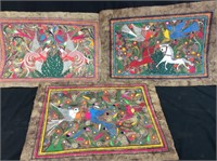 3 COLORED DRAWINGS ON LEATHER-BIRD & HORSE SCENES