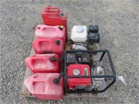 (2) Assorted 2" Pump Motors and (5) 5 Gal Gas Cans