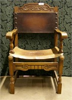 Carved Arm Chair Leather Seat & Back