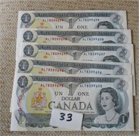 5 New Crisp Canadian $1 Bills -Consecutive Numbers