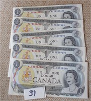 5 Canadian $1 Bills - Consecutive Numbers
