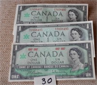3 Canadian Centennial $1 Bills