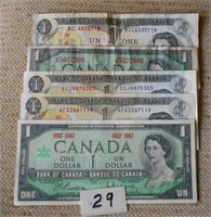 Lot Of 5 Canadian $1 Bills