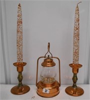 Copper Candlesticks & Small Lantern